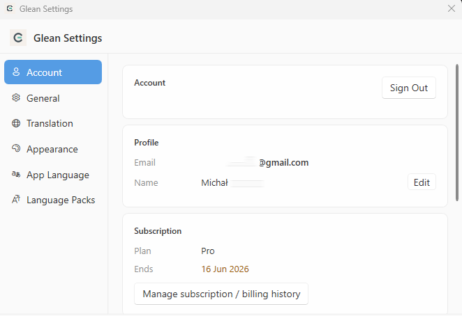 Glean account settings showing Pro subscription plan