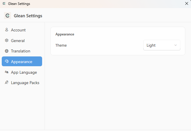 Glean appearance settings showing light and dark theme options