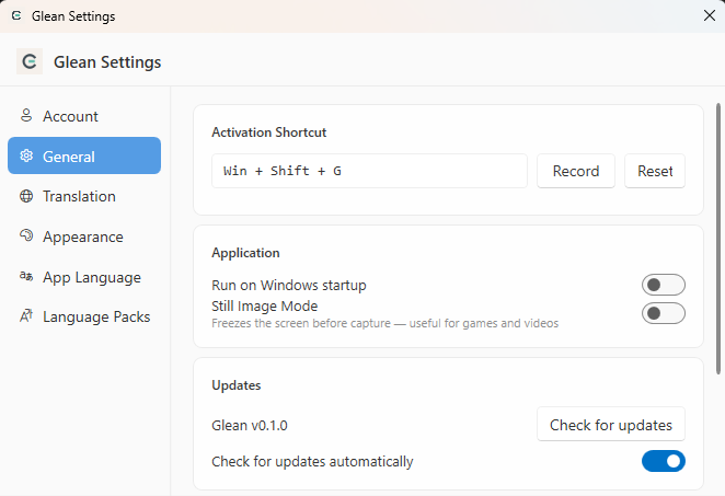 Glean general settings showing Win+Shift+G activation shortcut and Still Image Mode
