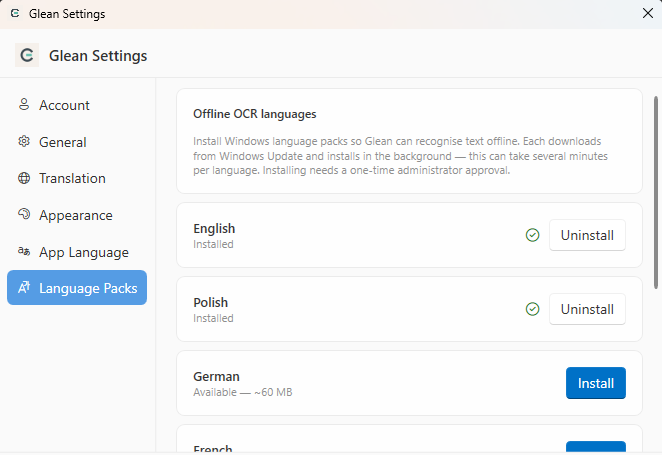 Glean language packs settings showing offline OCR language installation