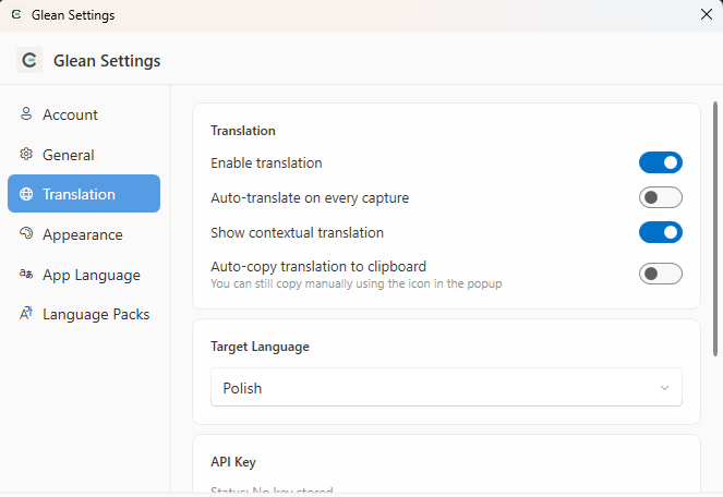 Glean translation settings showing language selection and auto-translate options